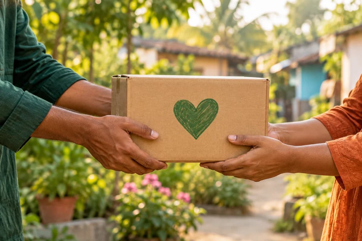 Neighbours passing a donation box marked with a heart